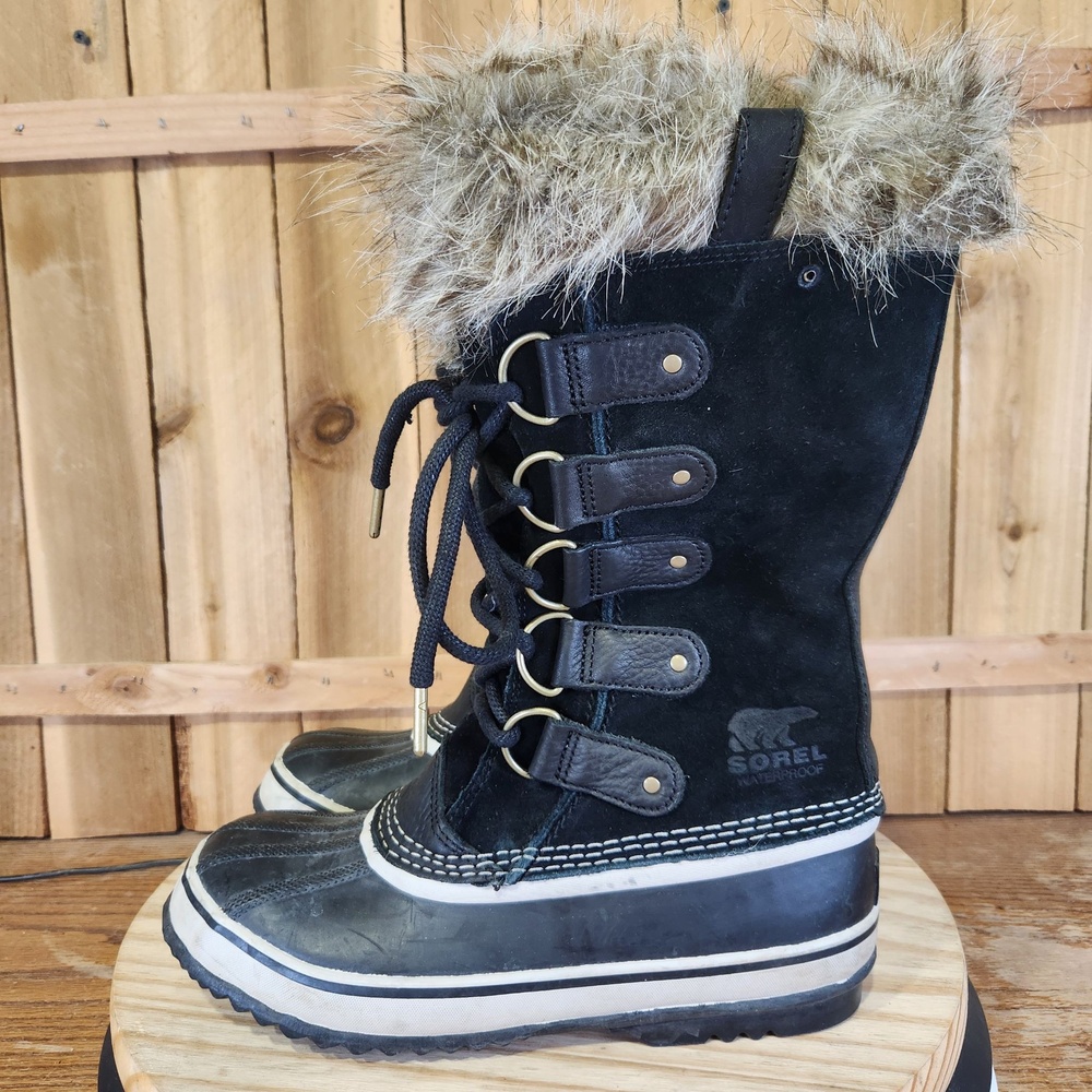 Sorel Joan Of Arctic Snow Boots Womens 8.5 Black Suede Faux Fur Waterproof